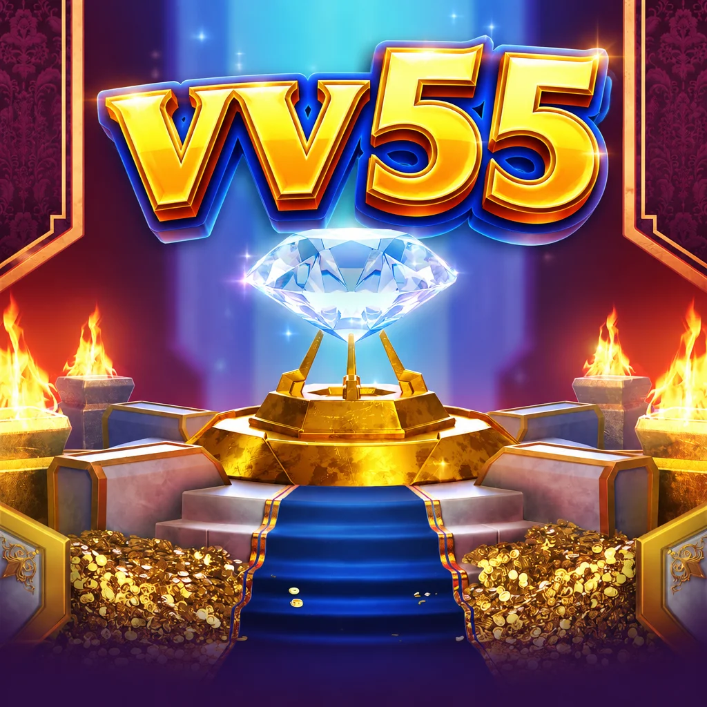 vv55 menampilkan berlian besar di atas altar emas dengan latar tangga karpet biru untuk Majestic Treasures