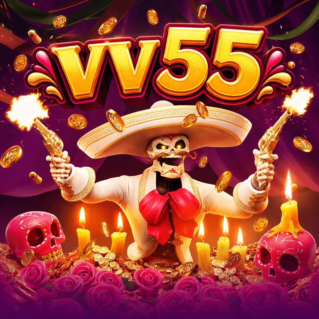 vv55 menampilkan karakter tengkorak berpakaian mariachi memegang pistol emas dalam Wild Bandito